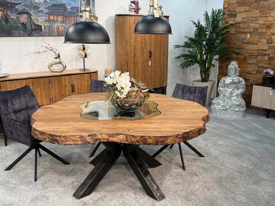 Esstisch "Natural Eternia " aus Teakholz mit Glaseinlage, ca. 180 x 175 x 79 cm