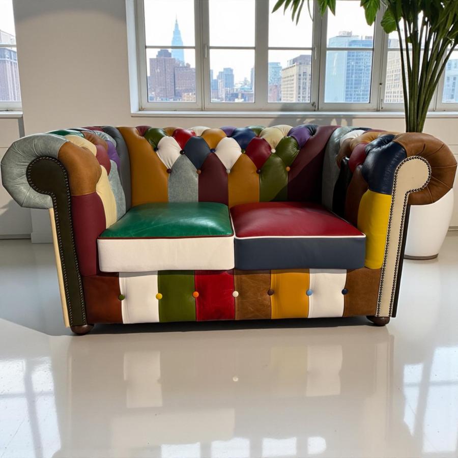 Couch 2-Sitzer Chesterfield aus buntem Echtleder