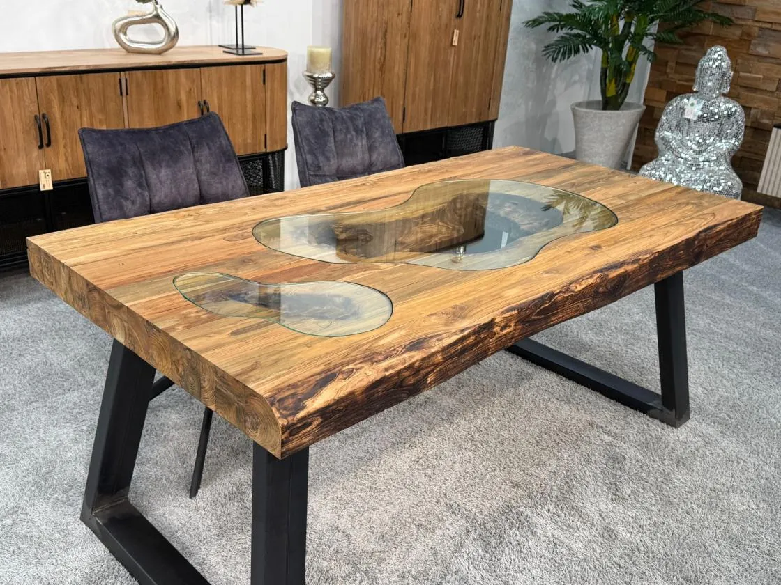 Echtholztisch massiv esstisch mit Glaseinlage