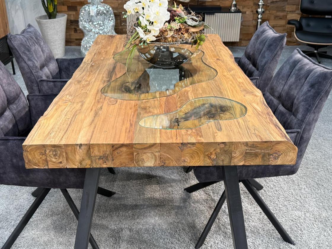Echtholztisch massiv esstisch mit Glaseinlage