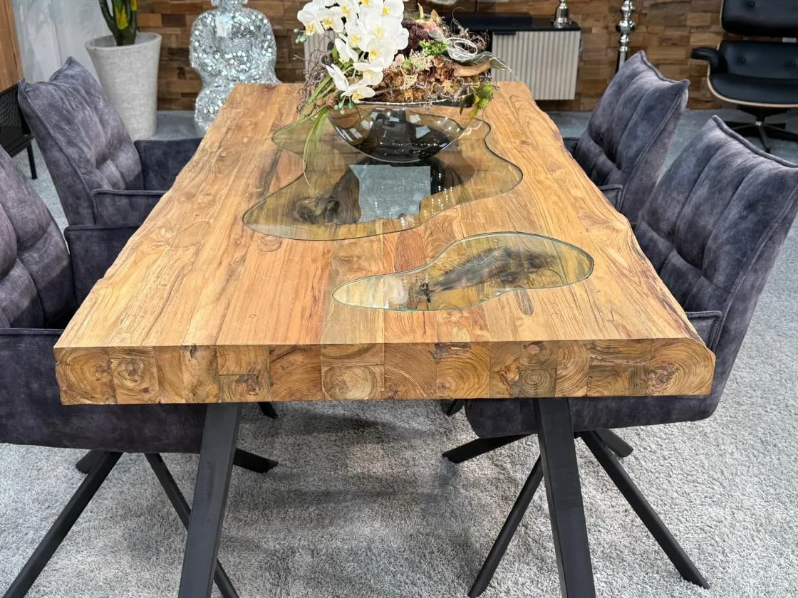 Echtholztisch massiv esstisch mit Glaseinlage