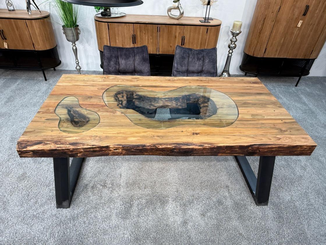 Echtholztisch massiv esstisch mit Glaseinlage