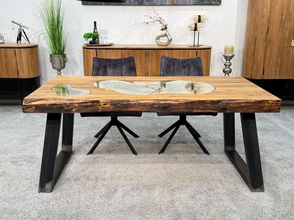 Echtholztisch massiv esstisch mit Glaseinlage