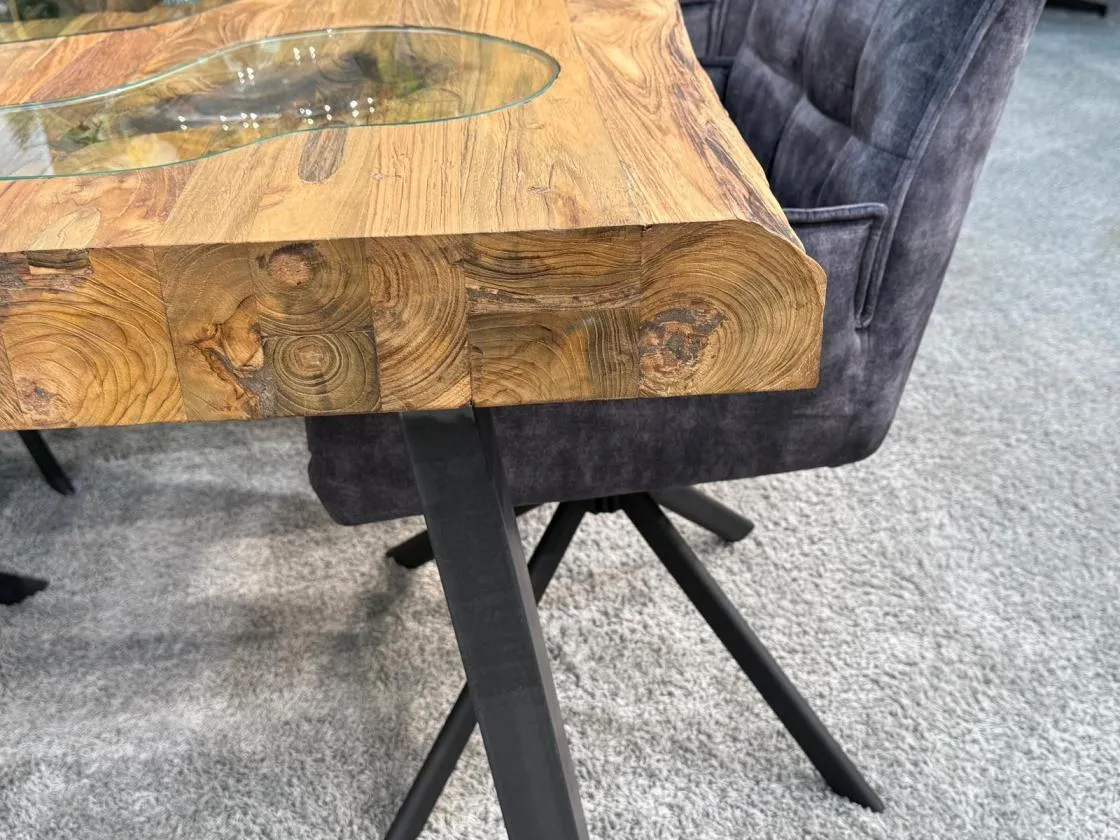 Echtholztisch massiv esstisch mit Glaseinlage