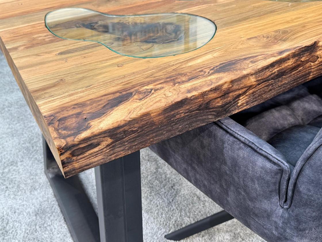Echtholztisch massiv esstisch mit Glaseinlage