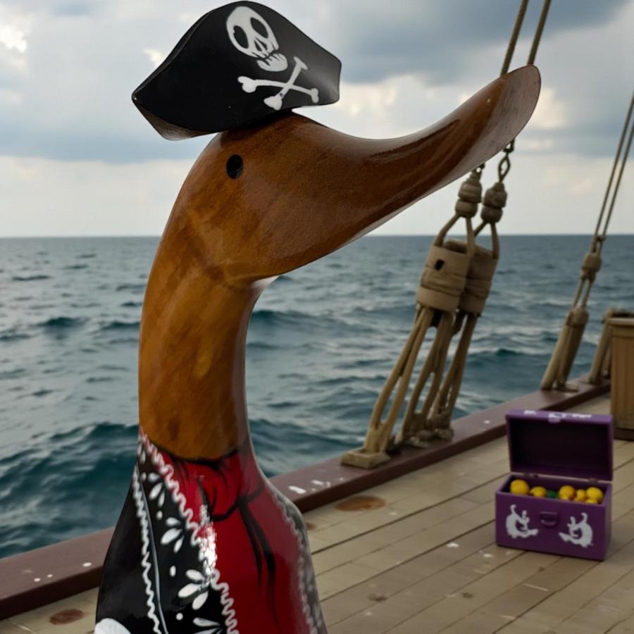 Ente aus Holz Pirat in Totenkopf-Anzug