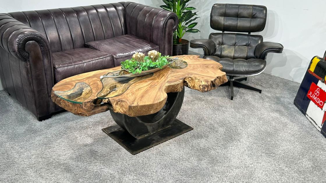 Couchtisch "Expression Suar", ca. 142 x 58-76 x 50 cm, aus massiven Baumscheiben mit Glaseinlagen