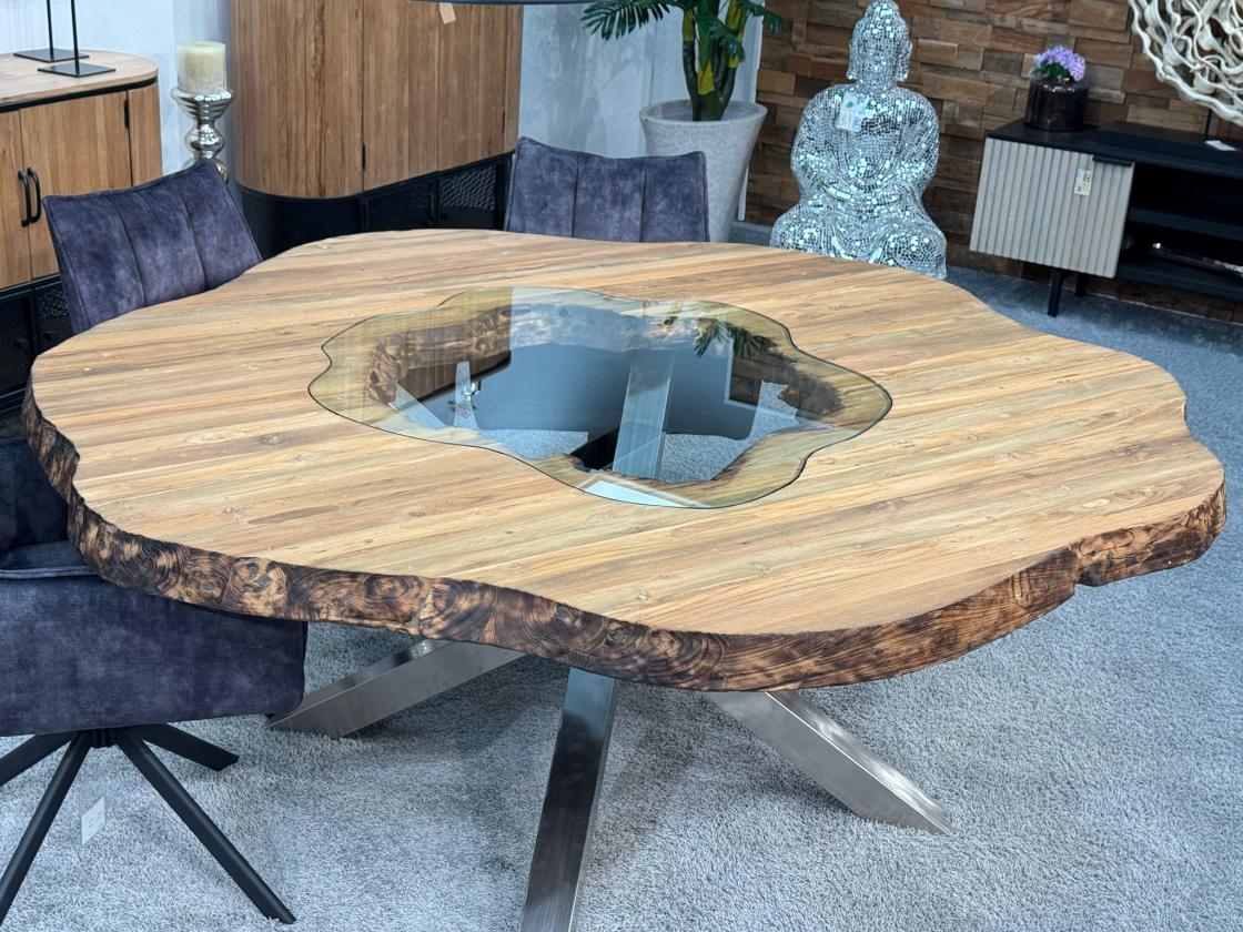 runder esstisch wildkante massivholz glaseinlagen