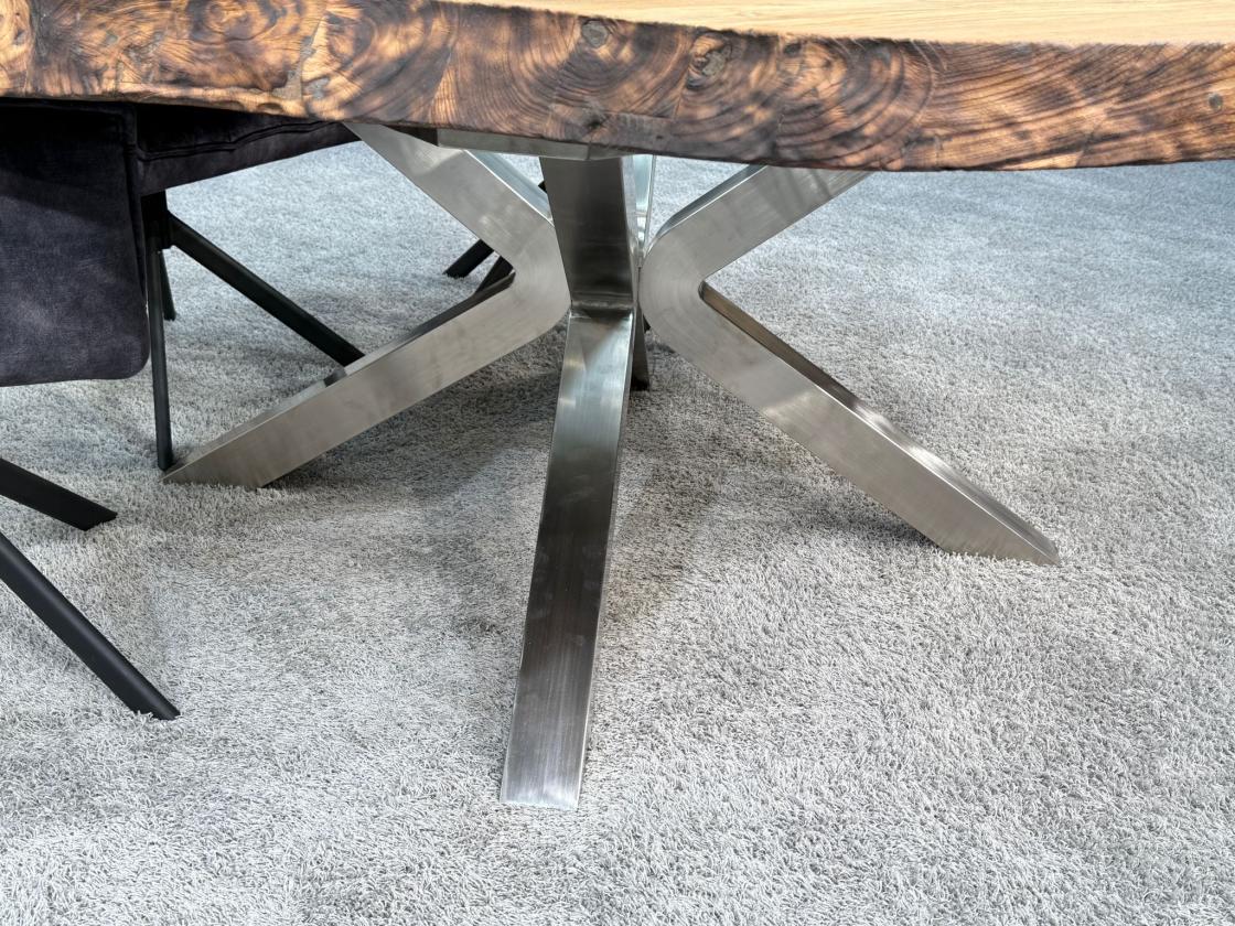 runder esstisch wildkante massivholz glaseinlagen