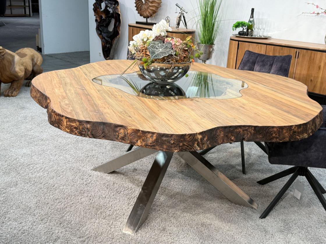 runder esstisch wildkante massivholz glaseinlagen