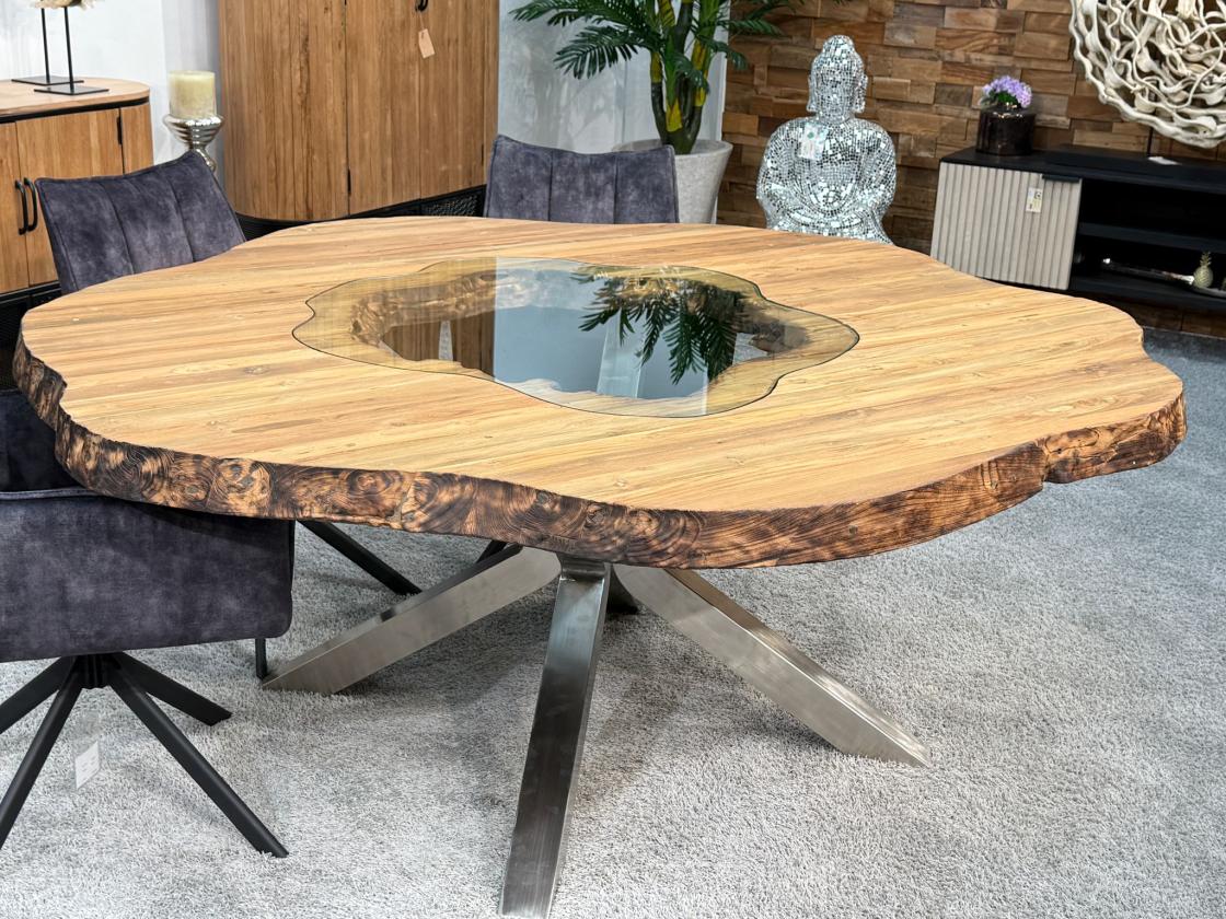 runder esstisch wildkante massivholz glaseinlagen