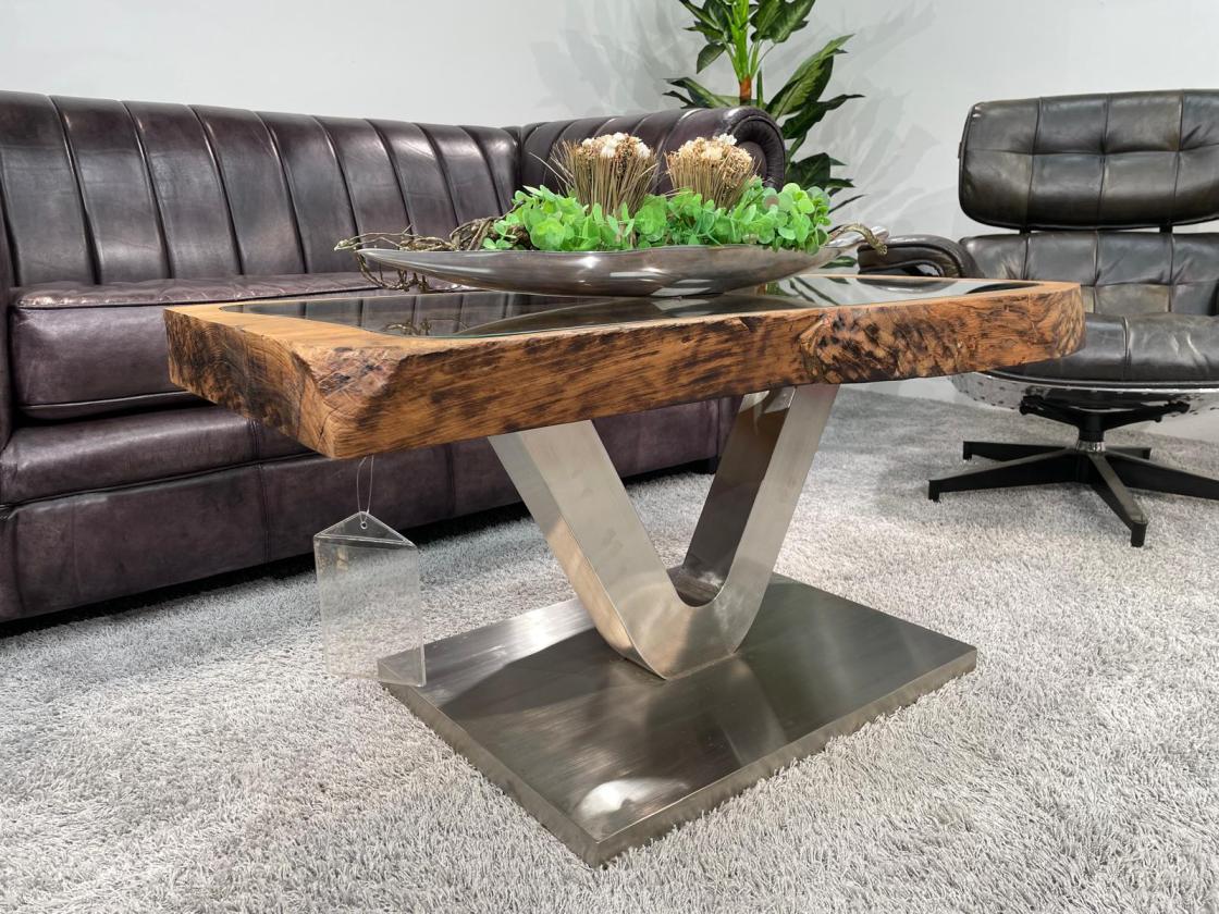 Antique coffee table from rice mortar, rectangular, wood and metal