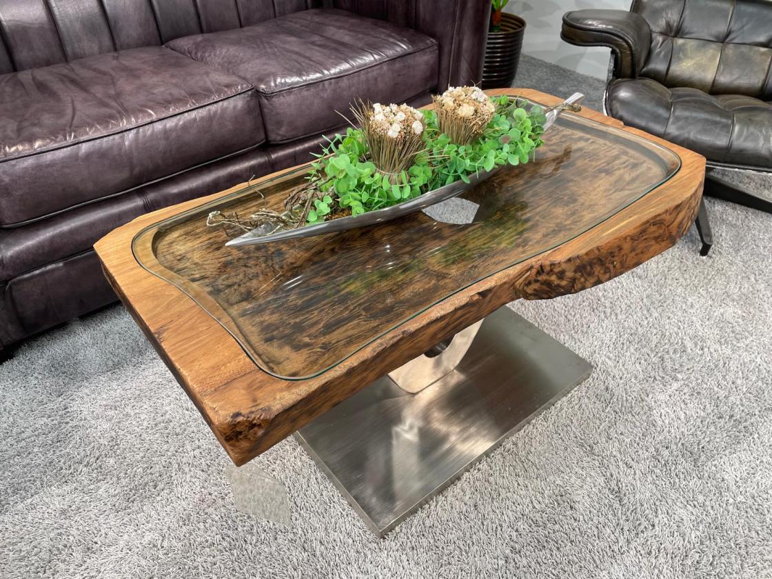 Antique coffee table from rice mortar with glass top, 101x70x50 cm