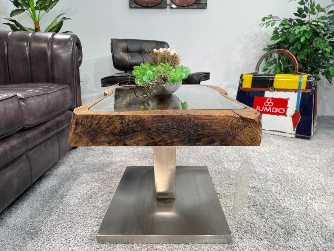 Antique coffee table from rice mortar, metal base, 101x70x50 cm