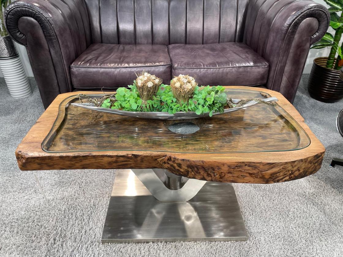 Antique coffee table from rice mortar, rectangular, wood and metal.