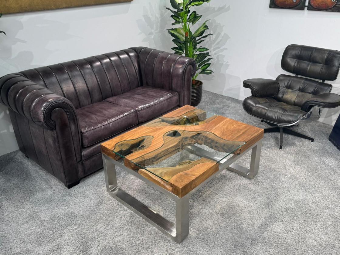Ausgefallener Couchtisch eckig Holz mit Glas und Edelstahl