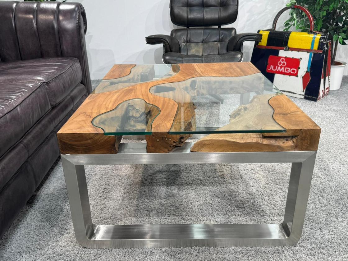 Ausgefallener Couchtisch eckig Holz mit Glas und Edelstahl