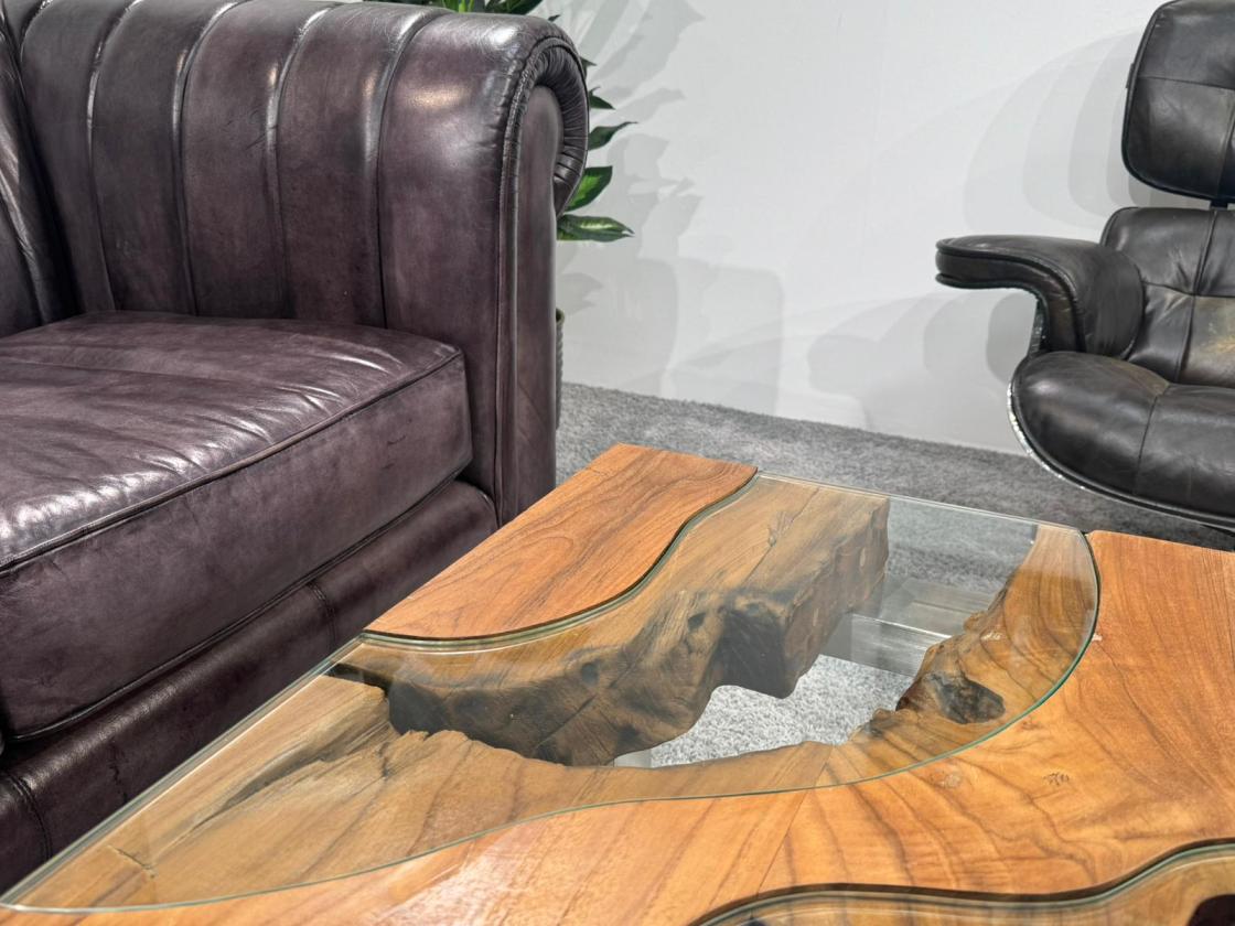 Ausgefallener Couchtisch eckig Holz mit Glas und Edelstahl