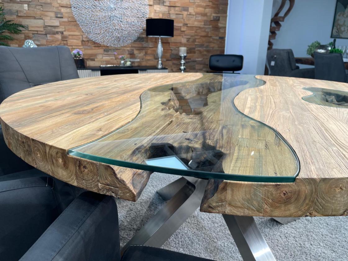 Außergewöhnlicher runder Esstisch aus Holz mit Edelstahl Eternia