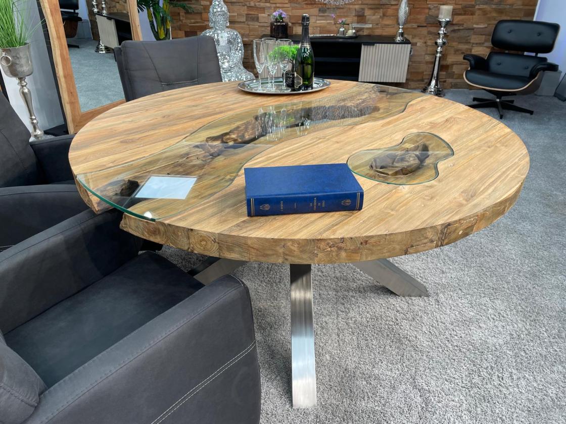 Außergewöhnlicher runder Esstisch aus Holz mit Edelstahl Eternia