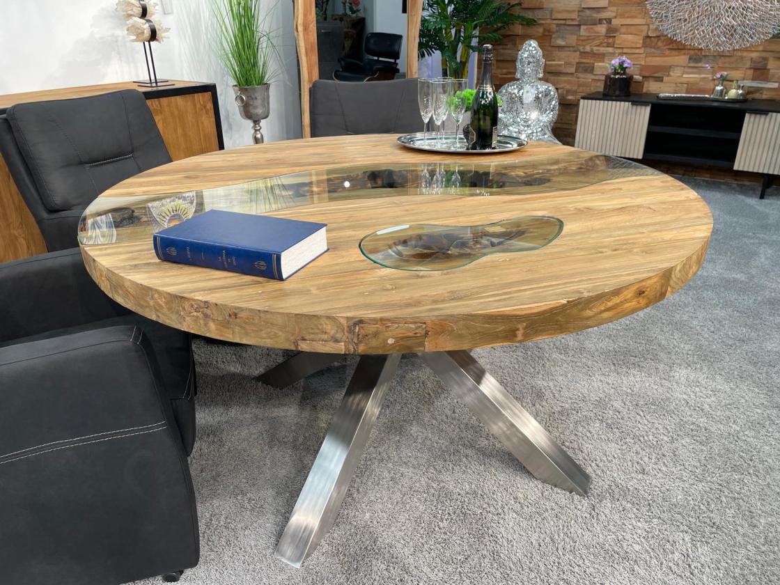 Außergewöhnlicher runder Esstisch aus Holz mit Edelstahl Eternia