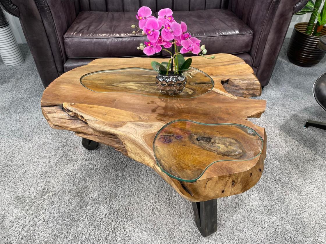 Baumstamm-Couchtisch mit Glasplatte, ca. 99x82x46 cm