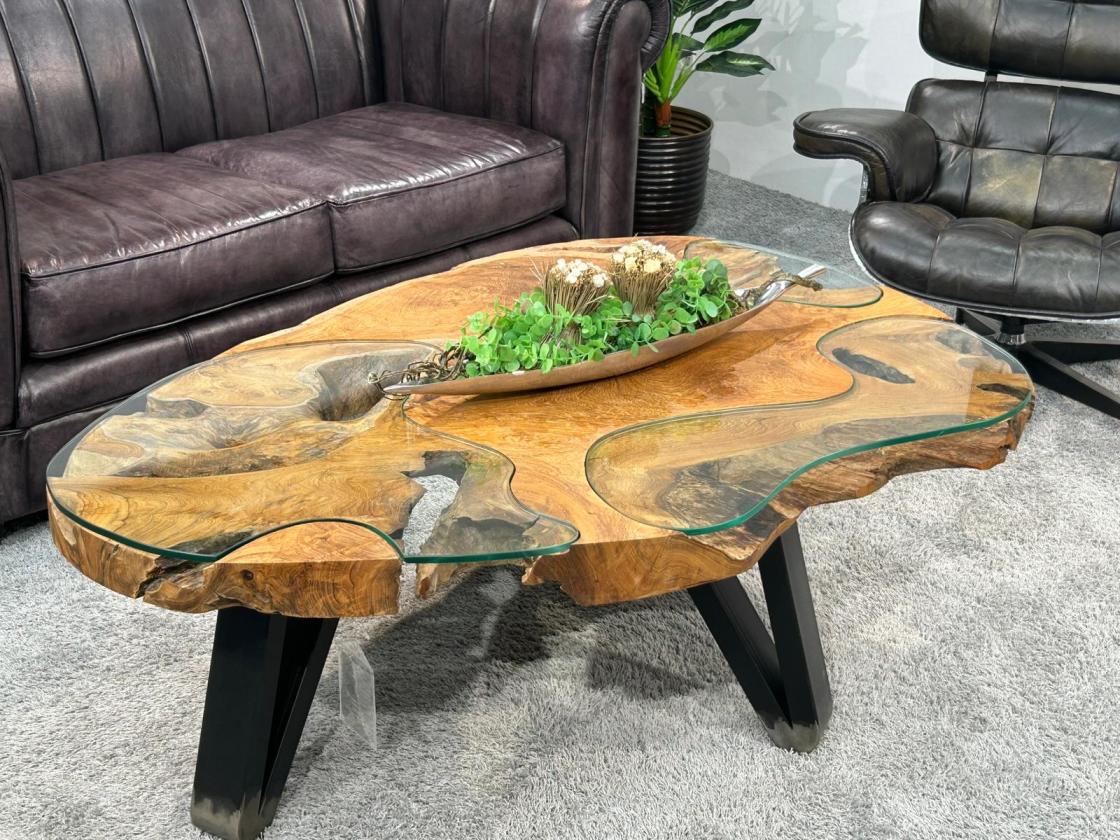 Baumstamm Couchtisch Lakeside mit Glas 120 cm
