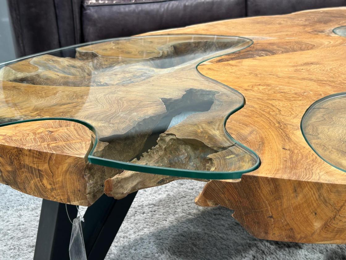 Baumstamm Couchtisch Lakeside mit Glas 120 cm