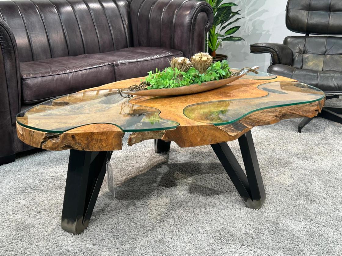 Baumstamm Couchtisch Lakeside mit Glas 120 cm