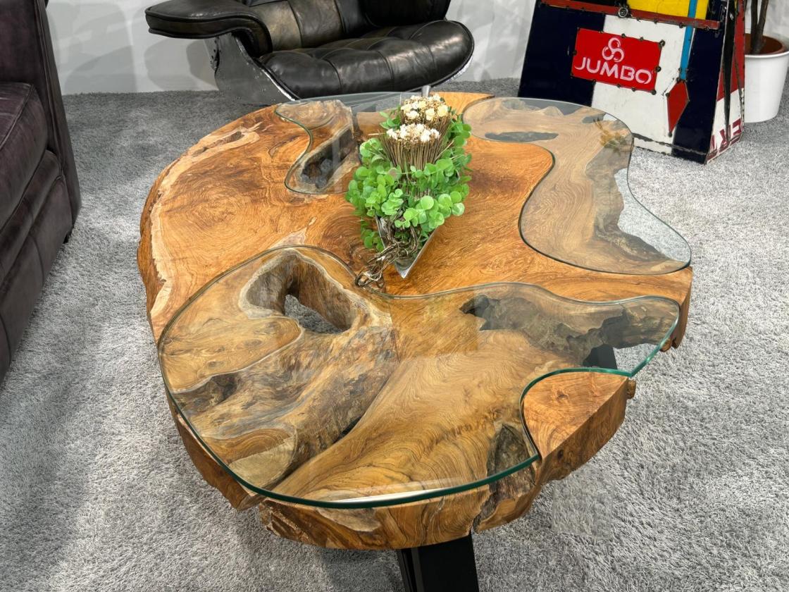 Baumstamm Couchtisch Lakeside mit Glas 120 cm