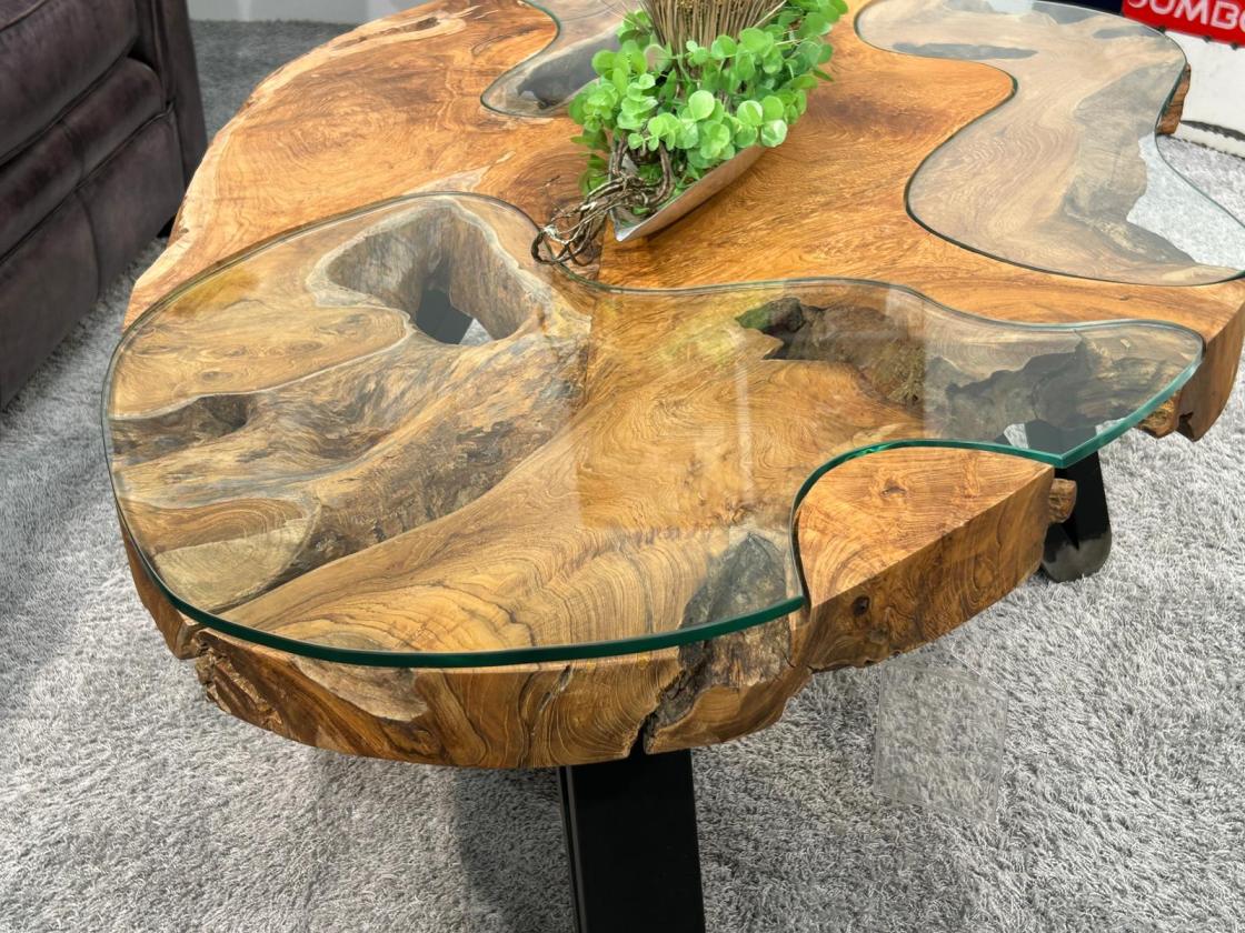 Baumstamm Couchtisch Lakeside mit Glas 120 cm