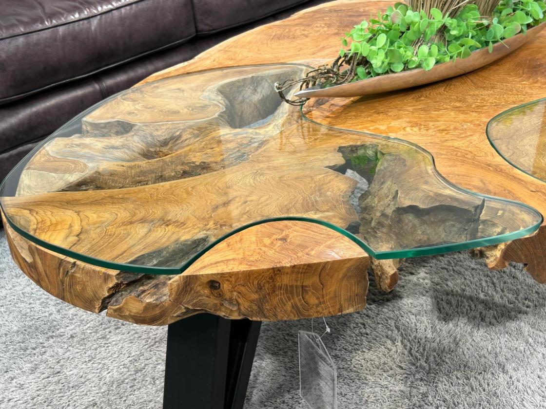 Baumstamm Couchtisch Lakeside mit Glas 120 cm