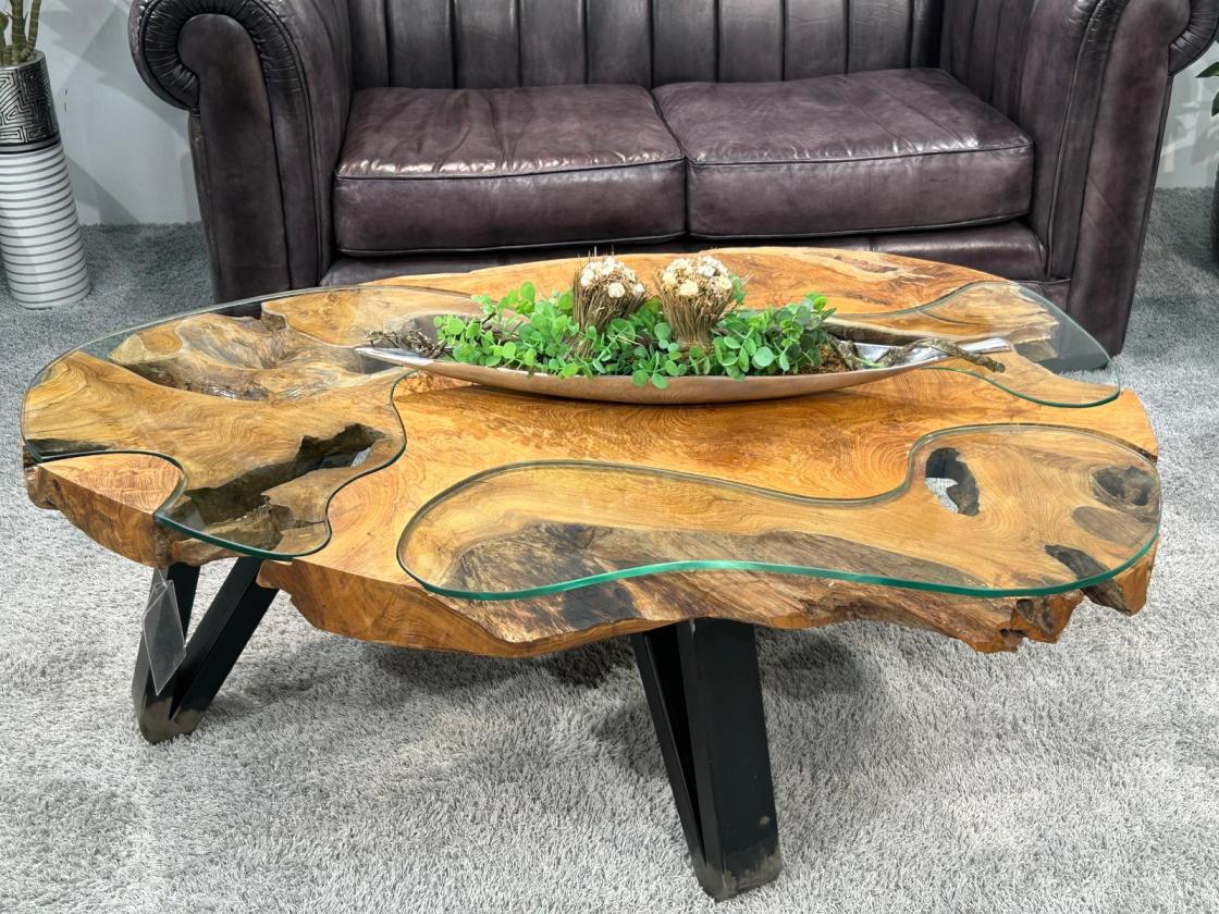 Baumstamm Couchtisch Lakeside mit Glas 120 cm