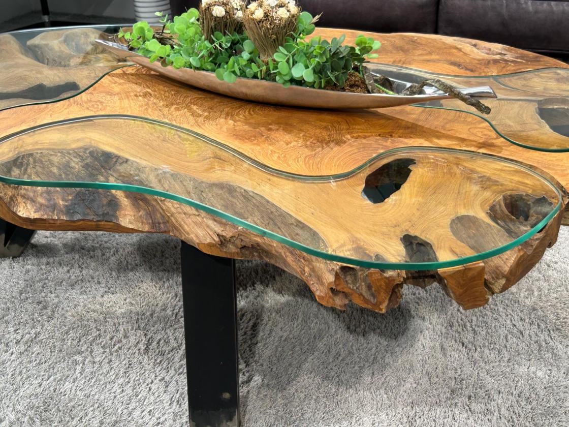 Baumstamm Couchtisch Lakeside mit Glas 120 cm