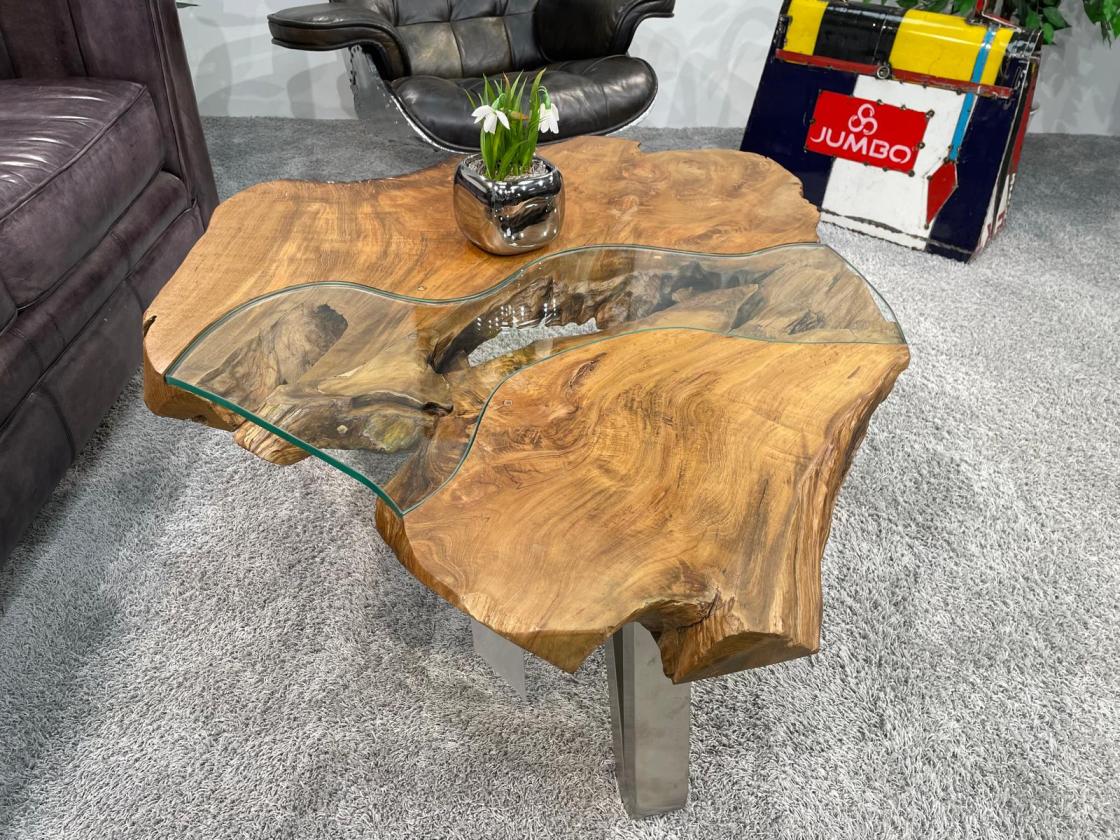 Tree trunk coffee table with glass top, approx. 109 x 86 x 45 cm