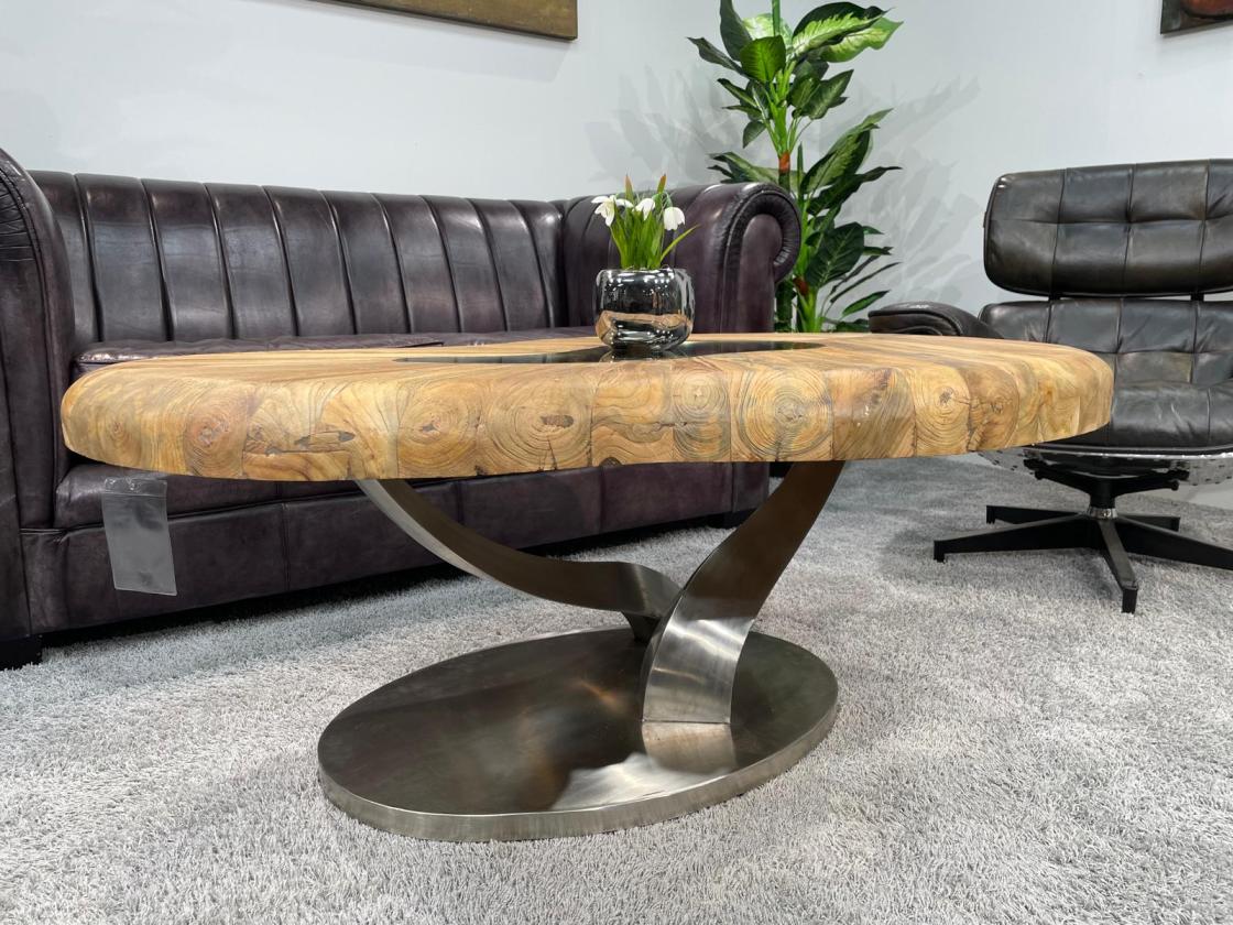 Bonsai coffee table with wood top and stainless steel base