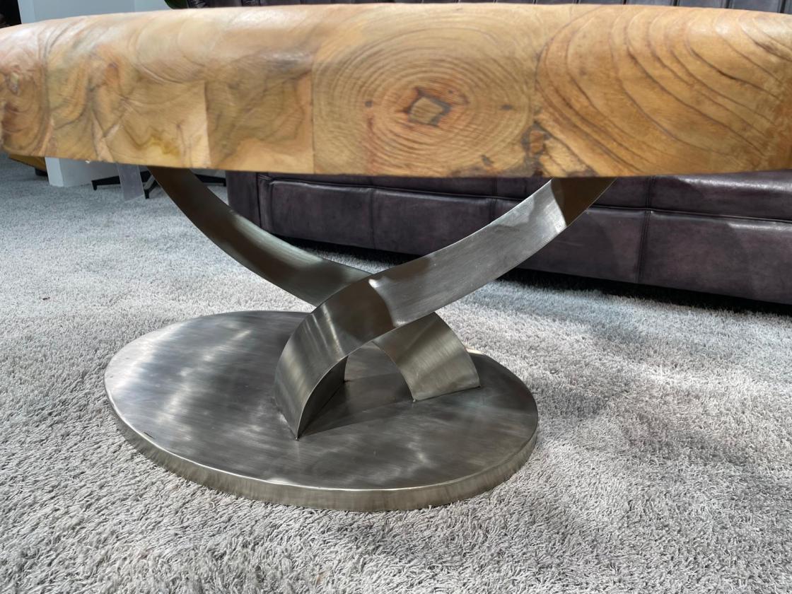 Coffee table with wooden top and stainless steel base, oval base