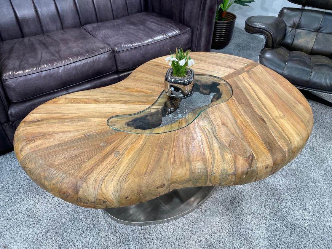 Kidney-shaped wooden coffee table with glass and steel frame.