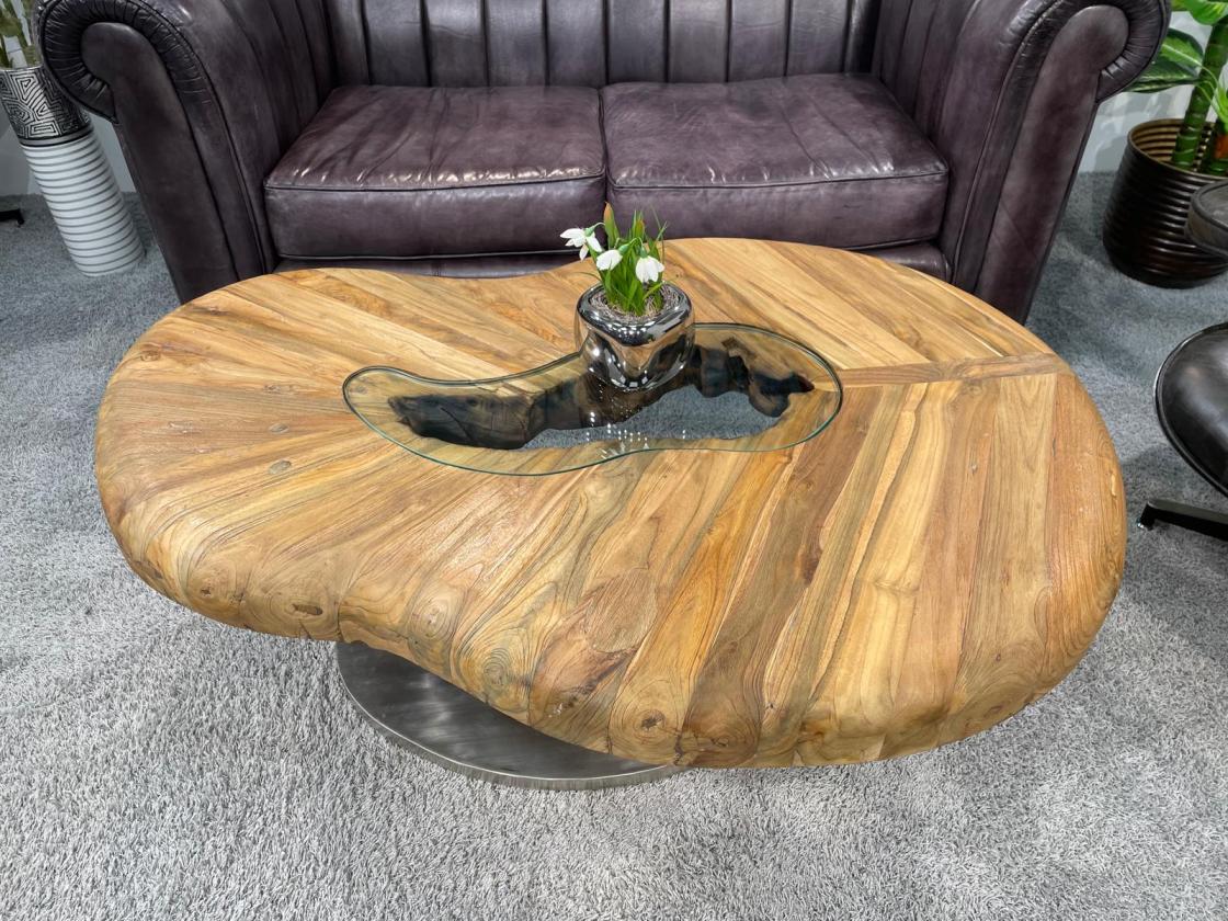 Wood coffee table with glass inlay, round shape