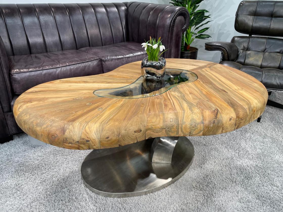 Bonsai coffee table with wooden top and stainless steel base
