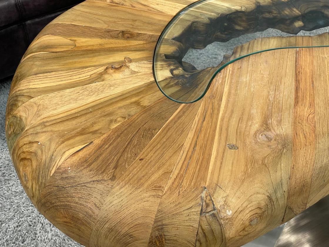 Coffee table with wooden top and glass detail, stainless steel frame