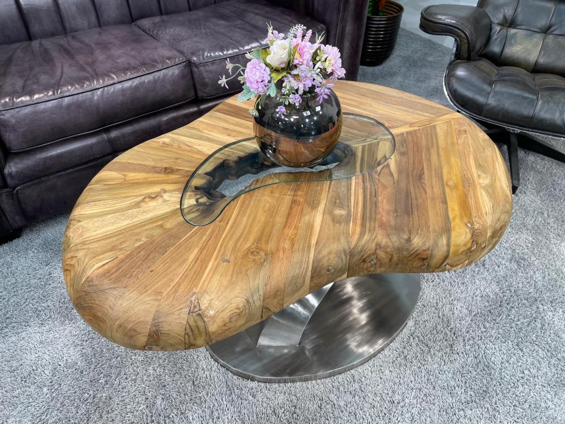 Bonsai coffee table, kidney-shaped wood with glass insert
