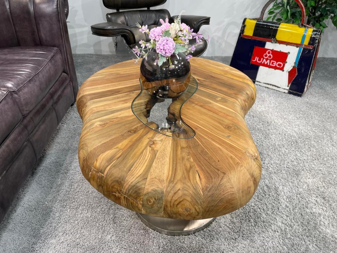 Bonsai coffee table with stainless steel base, wooden top