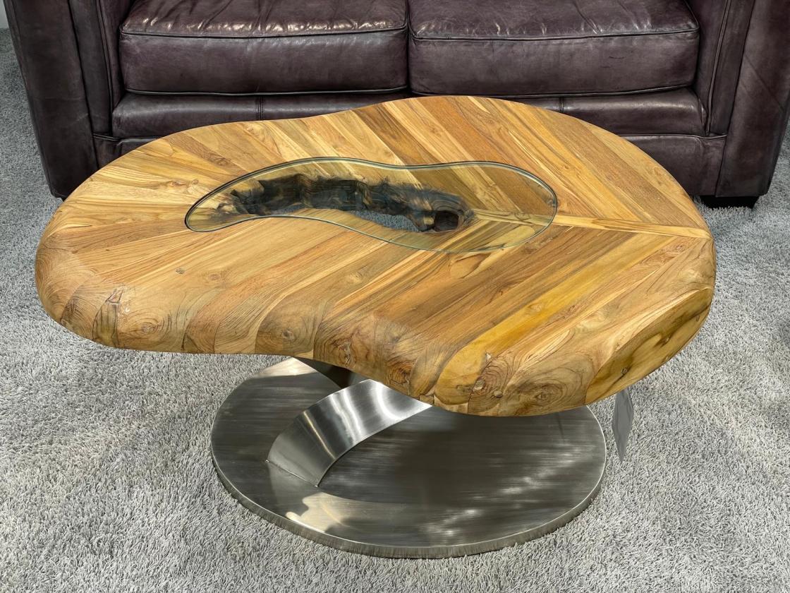 Bonsai coffee table with wooden top and stainless steel frame.
