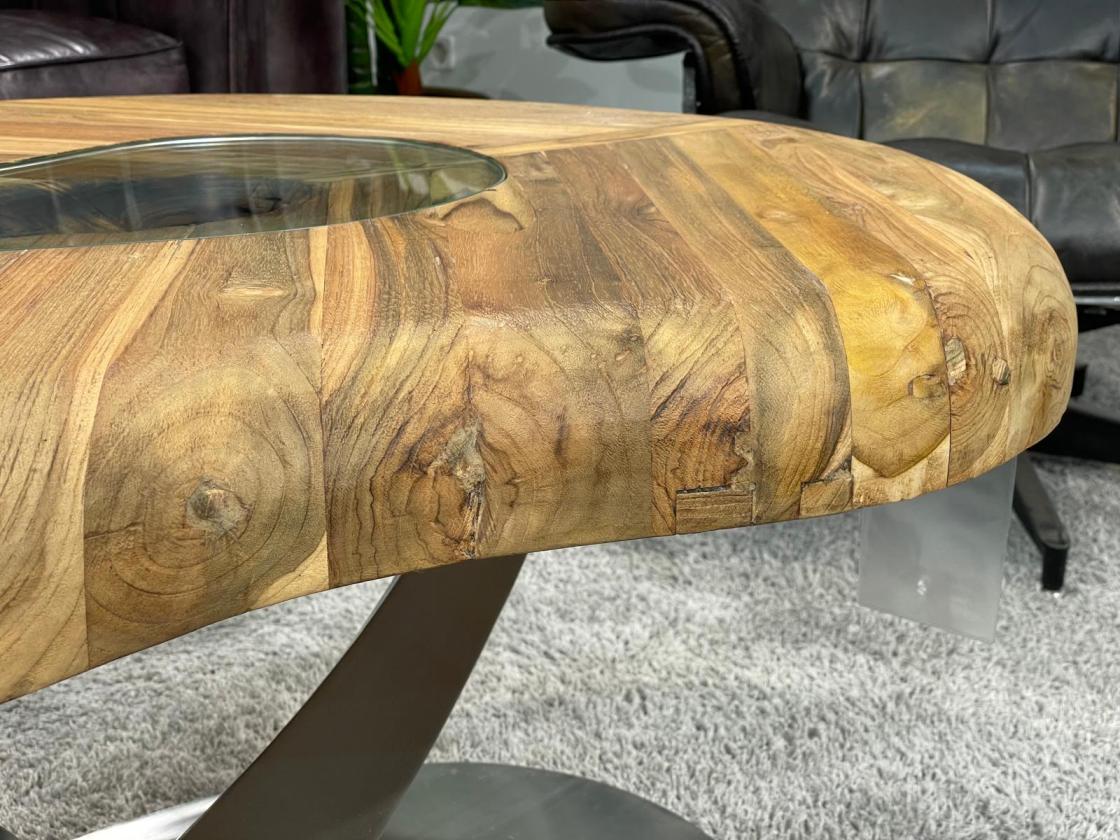 Bonsai coffee table with stainless steel base, wooden top