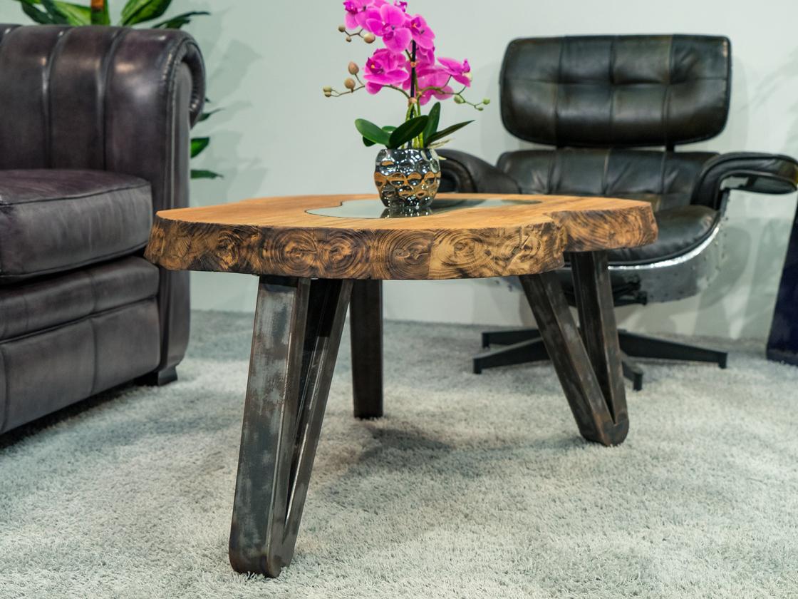 Design Couchtisch Holz Nierenform Loft Style Metallgestell
