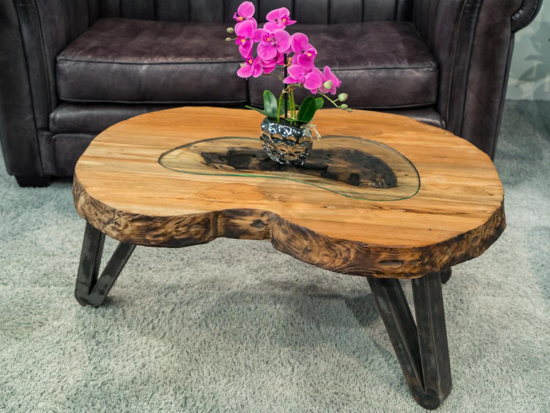 Design Couchtisch Holz Nierenform Loft Style Metallgestell