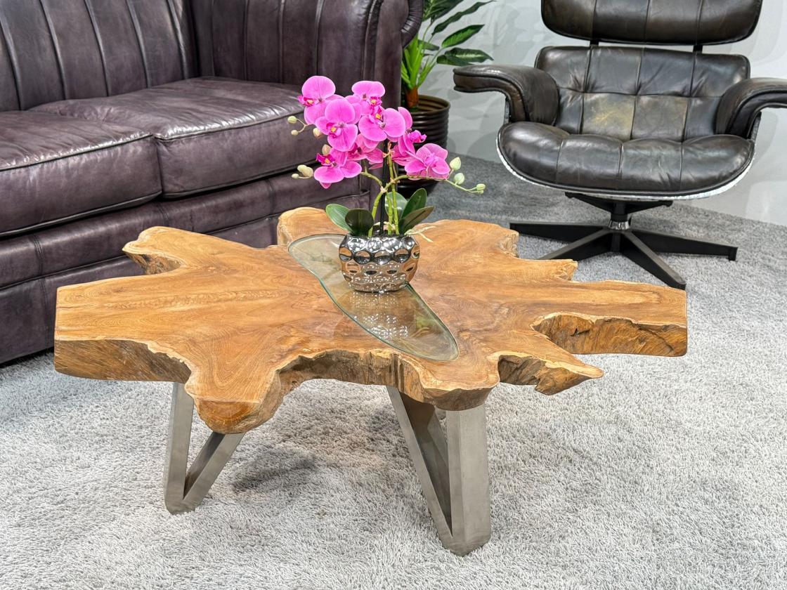 Couchtisch aus Teakholz, 100x86x38 cm, 7 cm Platte