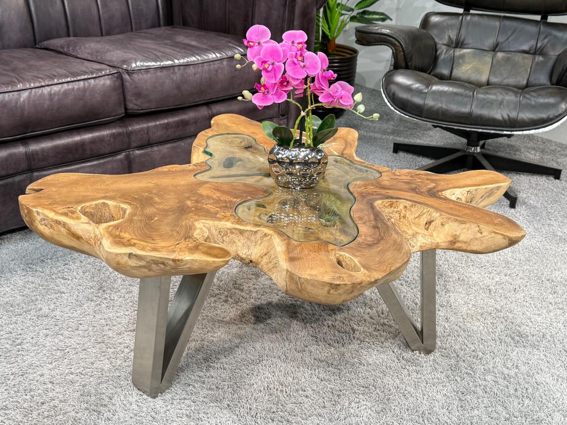 Couchtisch aus Teakholz, 110x98x39 cm, 8 cm dicke Platte