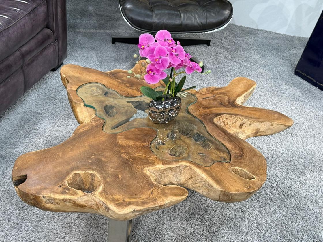 Couchtisch aus Teakholz, 110x98x39 cm, 8 cm Plattenstärke